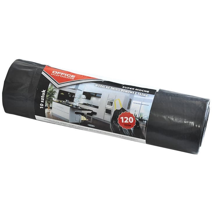 Worki na śmieci 120L LDPE z taśmą supermocne (10szt) czarne OFFICE PRODUCTS 2202