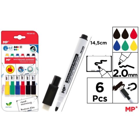 Marker do tablic zestaw 6szt. z magnesem i gumką PE128-02 MP Poland Marker do tablic zestaw 6szt. z magnesem i gumką PE128-02 MP Poland