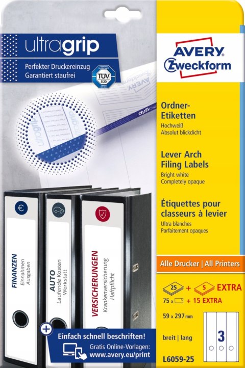 Etykieta A4 na segregator 59x297mm 25ark L6059-25 AVERY ZWECKFORM