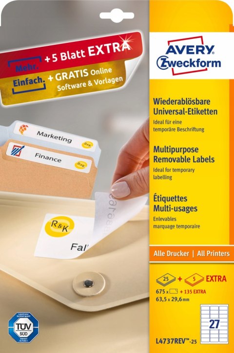 Etykiety A4 białe (25 arkuszy) 63,5*29,6mm L4737REV-25 AVERY ZWECKFORM