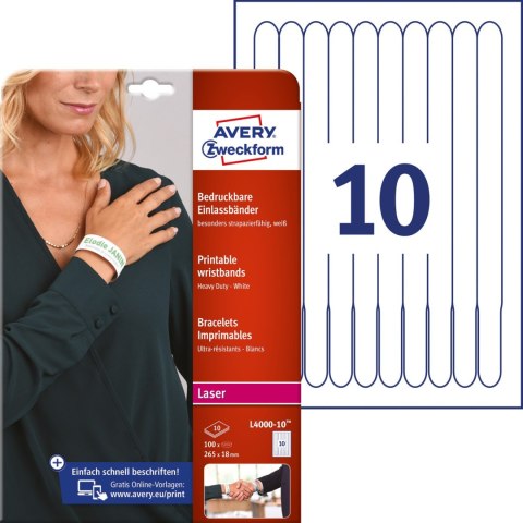Opaski identy.na nadgarstek 265x18mm A4 (10) L4000-10 białe ZF nadruk AVERY ZWECKFORM Opaski identy.na nadgarstek 265x18mm A4 (10) L4000-10 białe ZF nadruk AVERY ZWECKFORM
