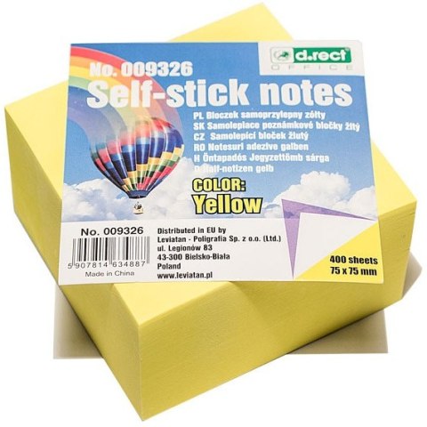 Bloczek samoprzylepny 75x75mm 400k żółty D.RECT 009326 LEVIATAN