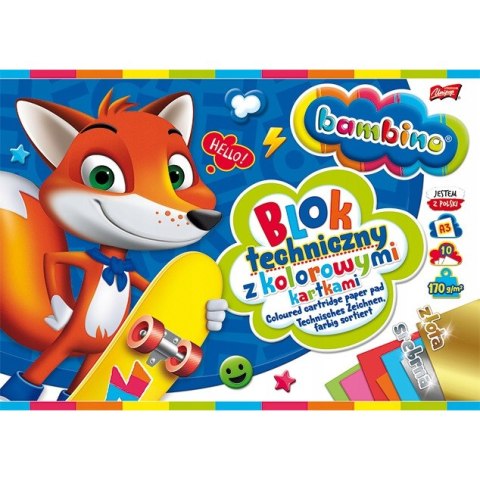 Blok techniczny szkolny A3 kolorowy + złota i srebrna kartka 10 kartek 170g BAMBINO