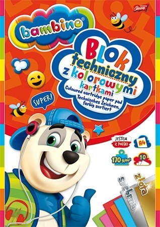 Blok techniczny szkolny A4 kolorowy + złota i srebrna kratka 10 kartek 170g BAMBINO