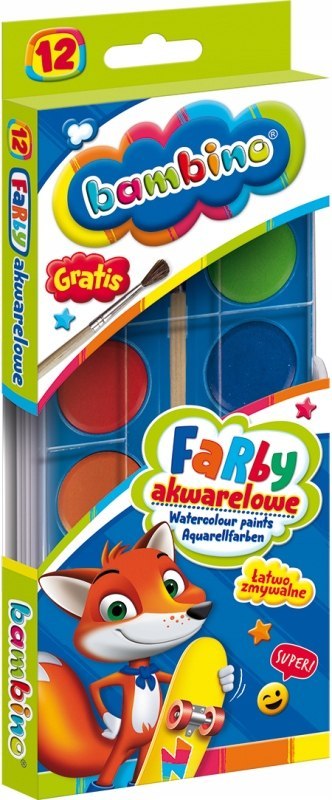 Farby akwarelowe szkolne Zestaw 12 kolorów + pędzelek BAMBINO St.Majewski