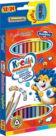 Kredki ołówkowe trójkątne dwustronne Zestaw 12 kredek 24 kolory + temperówka BAMBINO St.Majewski