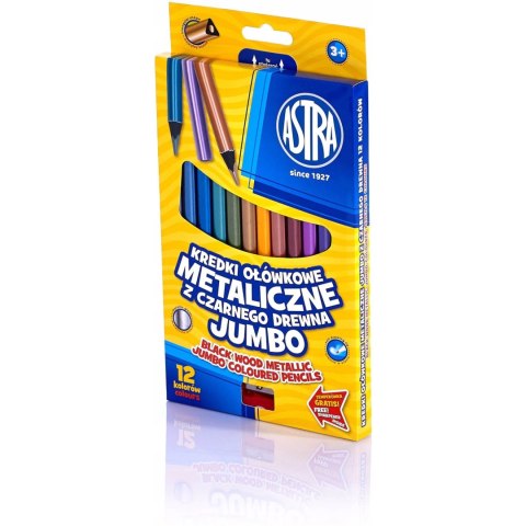 Kredki ołówkowe metaliczne JUMBO zestaw 12 kolorów + temperówka 312114003 ASTRA