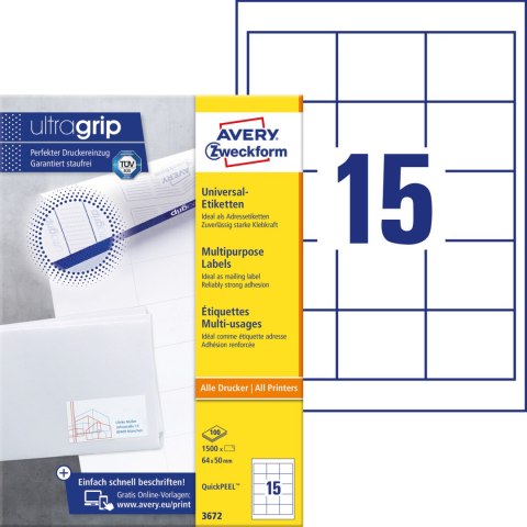 Etykieta A4 biała(100 arkuszy) 64x50mm 3672 AVERY ZWECKFORM UltraGrip