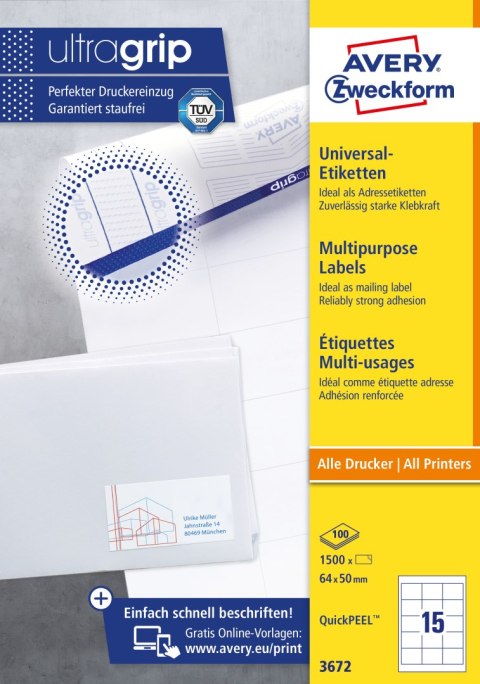 Etykieta A4 biała(100 arkuszy) 64x50mm 3672 AVERY ZWECKFORM UltraGrip