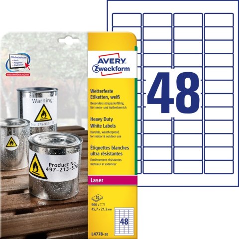 Etykiety poliester 45,7x21,2mm (20 arkuszy = 960 etykiet) L4778-20 AVERY ZWECKFORM