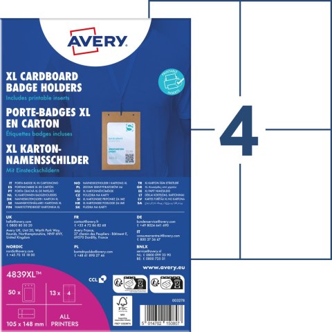 Holder na identyfikatory A6 tekturowe 105x148mm (50 sztuk+52 wkłady) 4839XL AVERY