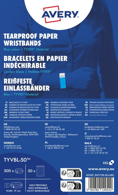 Opaski na rękę 256x19mm (50 arkuszy = 500 opasek) neonowe niebieskie TYVBL-50 AVERY