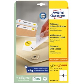 Etykiety białe 105x148mm (25 arkuszy = 100 etykiet) usuwalne L6028REV-25 AVERY ZWECKFORM