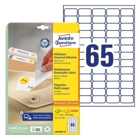 Etykiety białe 38,1x21,2mm (25 arkuszy = 1625 etykiet) usuwalne L6026REV-25 AVERY ZWECKFORM