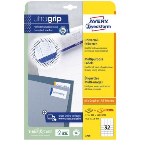 Etykiety białe ULTRAGRIP 48,3x33,8mm (25 arkuszy = 800 etykiet) 4789 AVERY ZWECKFORM