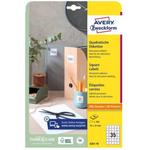 Etykiety białe kwadratowe 35x35mm (10arkuszy=350 etykiet) 6251-10 AVERY ZWECKFORM