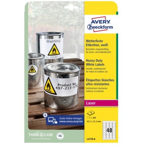 Etykiety foliowe białe HEAVY DUTY 45,7x21,2mm (8 arkuszy = 384 etykiety) L4778-8 AVERY ZWECKFORM