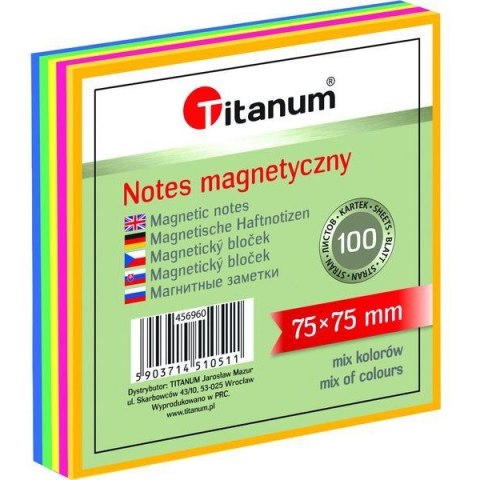 Bloczek magnetyczny mix kol. neonowy 75x75mm 100k. 456960 TITANUM