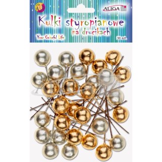 Kuleczki styropianowe na drucikach złote i srebrne roz. 1cm. dł. 7cm. op. 30szt. KSB-4658 ALIGA