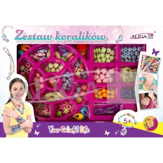 Zestaw koralików plastikowych mix kolorów i kształtów op. ok. 150szt.+2x 120cm żyłka PJ-1978 ALIGA