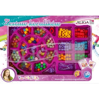 Zestaw koralików plastikowych mix kolorów i kształtów op. ok. 170szt.+2x 120cm żyłka PJ-1985 ALIGA